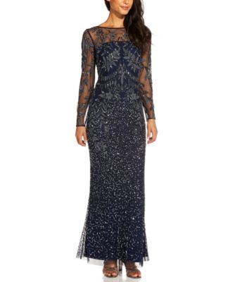 Adrianna Papell Beaded Illusion-Sleeve Gown - Macy's