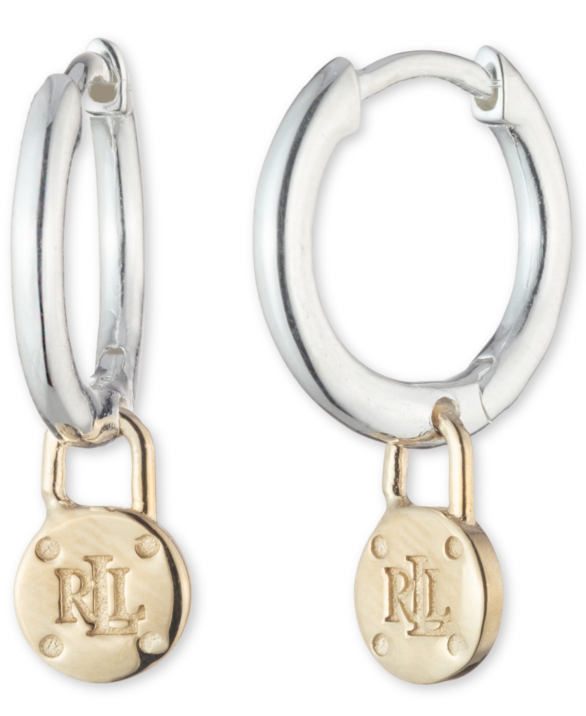 Lauren Ralph Lauren Padlock Logo Dangle Hoop Earrings In Sterling Silver & 18k Gold-plate In Two-tone