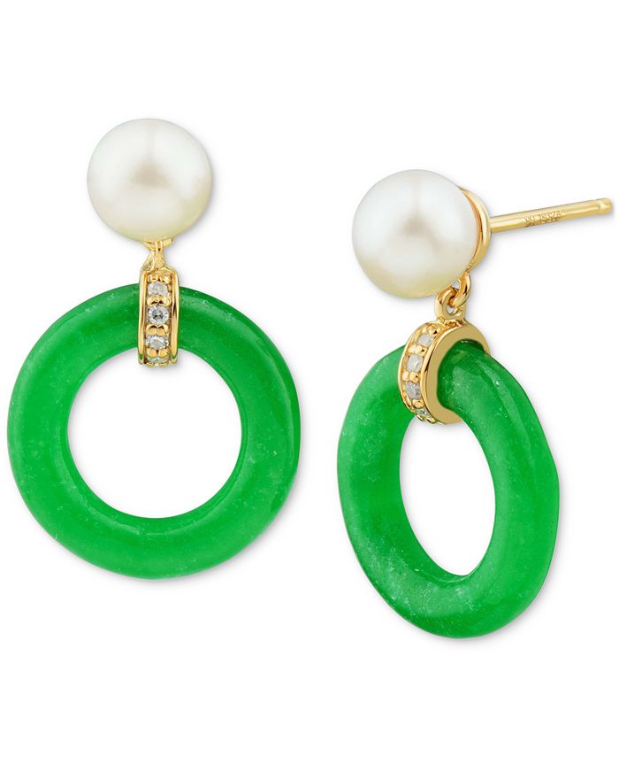 Macy's - Cultured Freshwater Pearl (6mm), Jade (15mm) & Diamond Accent Drop Earrings in 14k Gold-Plated Sterling Silver