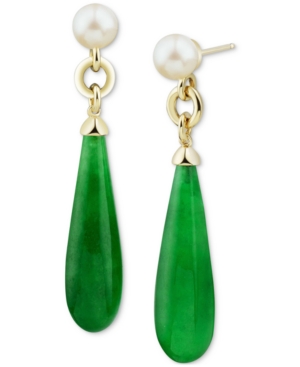 image of Cultured Freshwater Pearl (7mm) & Jade Briolette Drop Earrings in 14k Gold-Plated Sterling Silver
