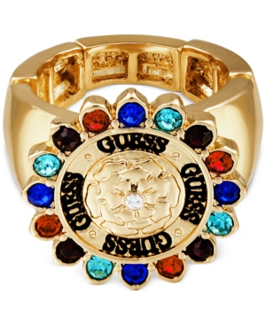 image of Guess Gold-Tone Crystal & Rose Logo Stretch Ring