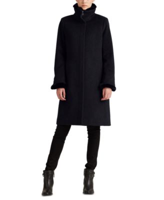 ralph lauren faux fur trim wool blend coat