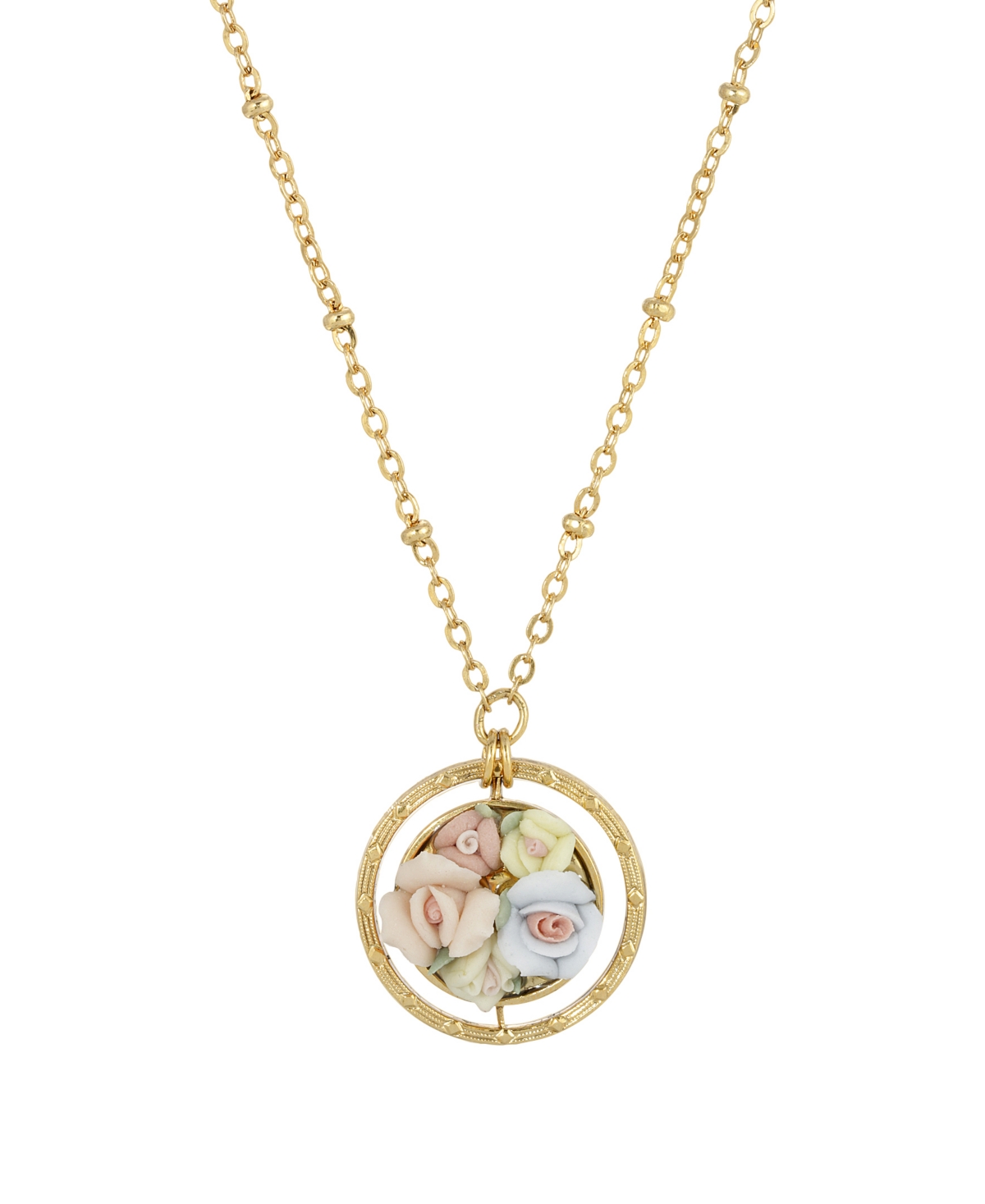 2028 Women's Gold Tone Yellow Porcelain Flower Round Drop Necklace In Pink