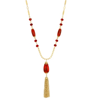 image of 2028 Women-s 14K Gold Dipped Red Bead Tassel Necklace