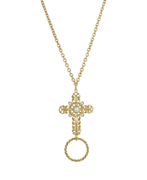 image of 2028 Women-s Gold Tone Imitation Pearl Cross Eyeglass/Badge Holder Necklace