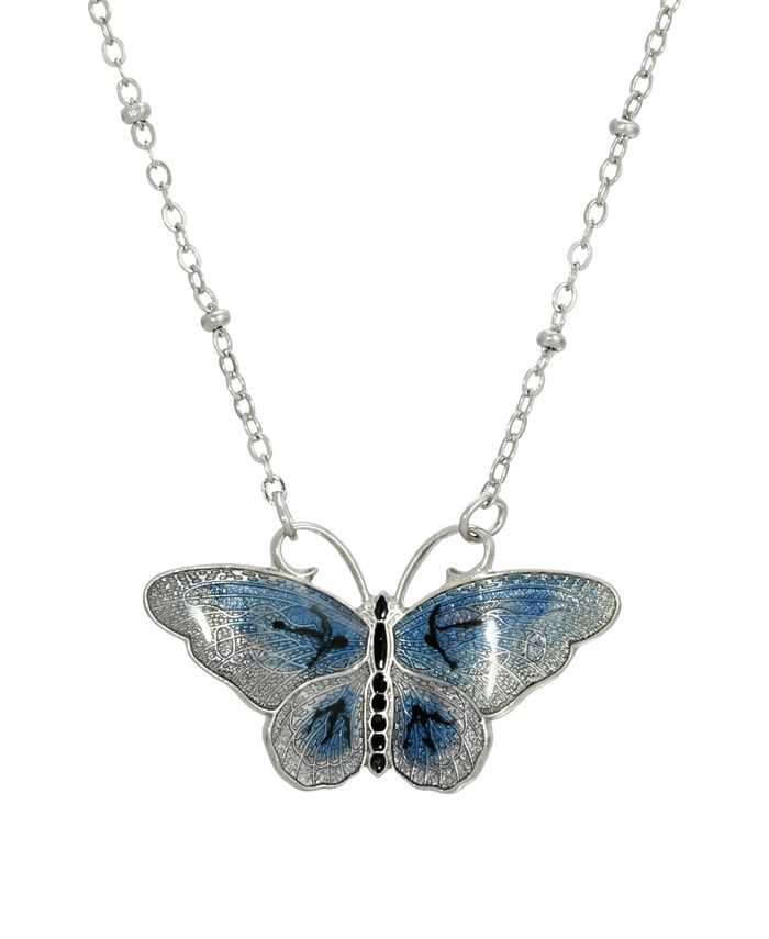 2028 Women's Silver Tone Blue and Black Enamel Butterfly Necklace - Macy's