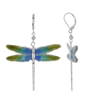 image of 2028 Women-s Silver Tone Blue and Green Enamel Dragonfly Earrings