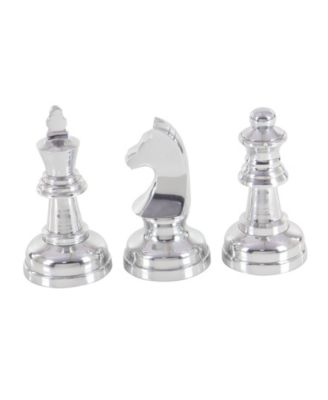 by Cosmopolitan Set of 3 Silver Aluminum Traditional Chess Sculpture, 4" x 9"