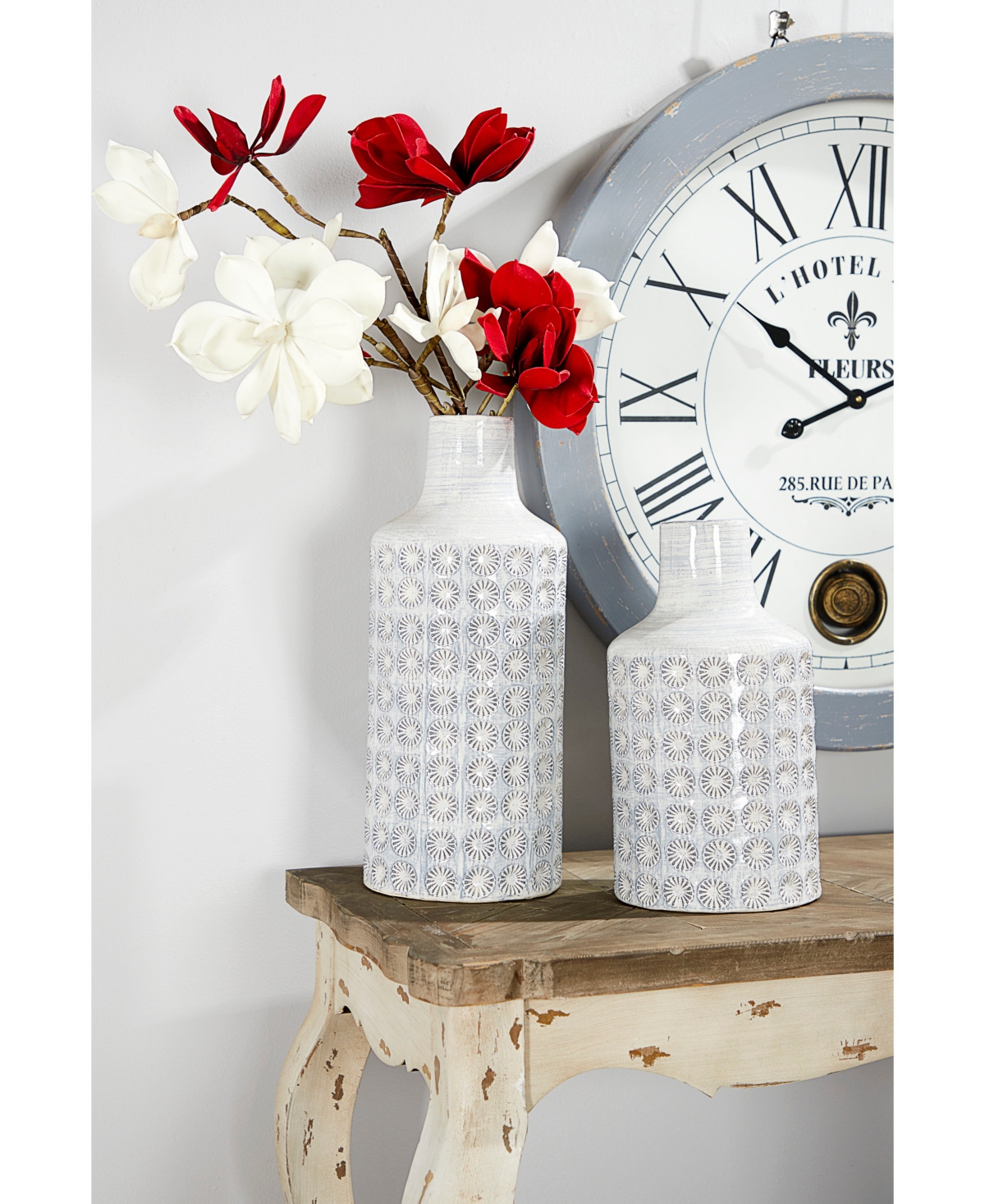 Large, Round Ceramic Floor Vase with French Country Rosette Relief Design