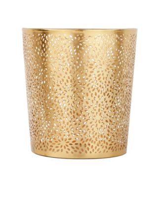 Small, Round, Glam Style Metallic Pierced Metal Waste Basket with Chrysanthemum Pattern
