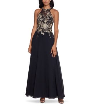 Betsy & Adam Petite Sleeveless Floral-applique Illusion Gown In Black/gold Floral
