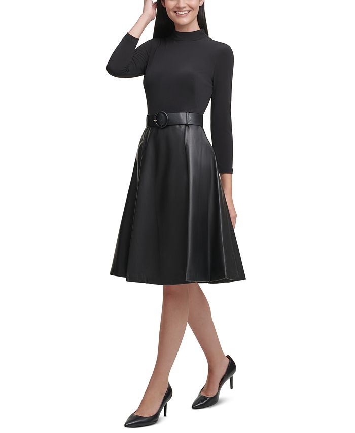 Calvin Klein MockNeck FauxLeather ALine Dress Macy's