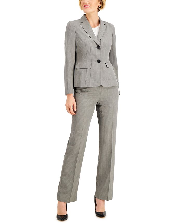 Le Suit Petite Herringbone-Striped Button-Front Pant Suit - Macy's