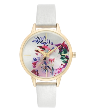 image of Nine West Women-s Gold-Tone and White Strap Watch, 36mm