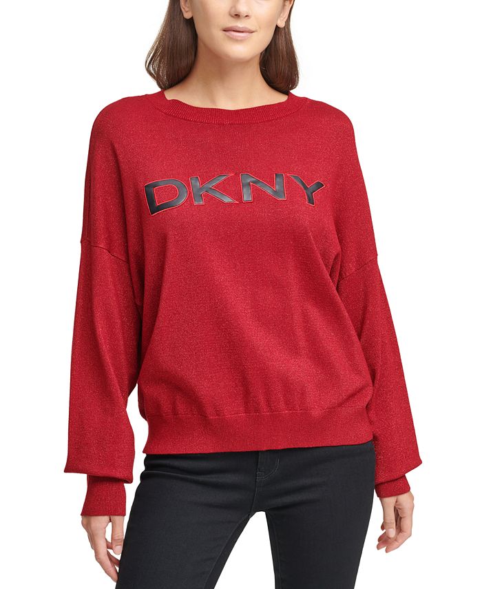 DKNY Solid Dropped-Shoulder Logo Lurex Sweater - Macy's