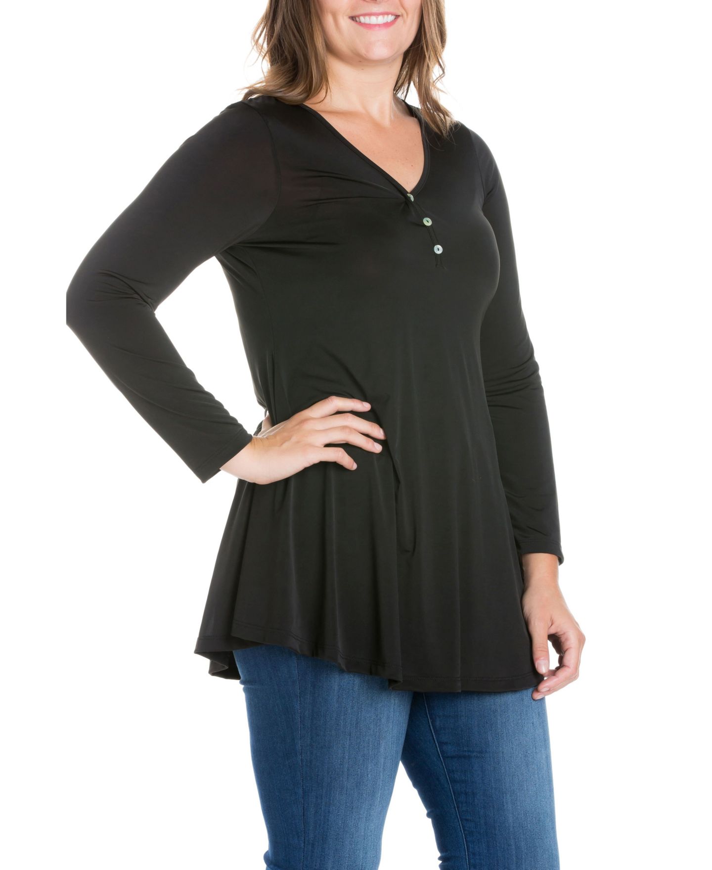Женский топ 24seven Comfort Apparel Plus Size Flared Long Sleeves Henley Tunic Top, цвет: Чёрный — фото 2