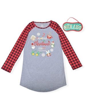 Big Girl's 2 Piece Christmas Printed Sleep Shirt with Eye Mask