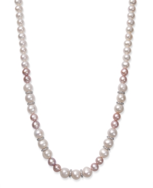 image of Natural Pink and White Cultured Freshwater Pearl 7-10.5mm Aa Quality and Cubic Zirconia Accent Necklace in Sterling Silver, 18