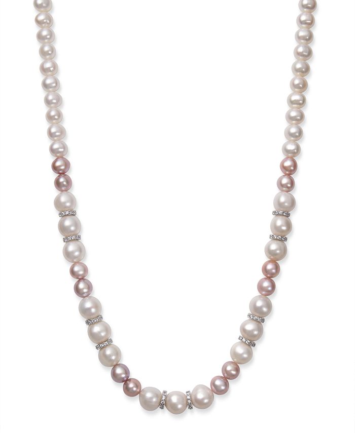 Macy's - Natural Pink and White Cultured Freshwater Pearl 7-10.5mm AA Quality and Cubic Zirconia Accent Necklace in Sterling Silver, 18"