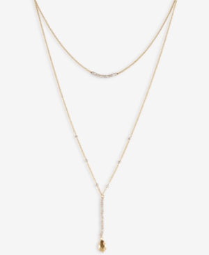 image of Lucky Brand Gold-Tone Bead & Hammered Paddle Layered Lariat Necklace, 16