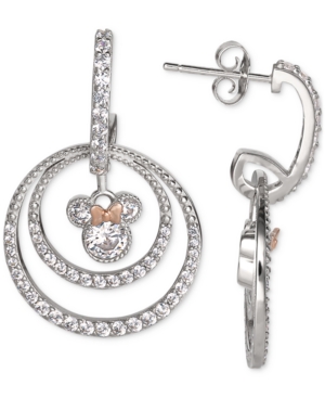 Disney Cubic Zirconia Minnie Mouse Double Circle Drop Earrings In Sterling Silver & 18k Rose Gold-plate