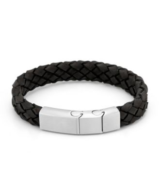 Eve's Jewelry Men's Brushed Steel Black Leather Woven Bracelet - Macy's