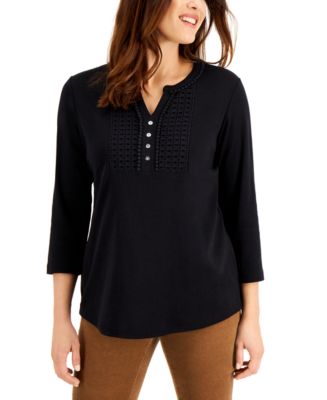 Karen Scott Women's Hardware-Trim Cotton Henley Sweater Natural Size Petite Small