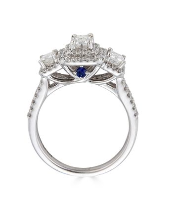 Macy's - Diamond 3-Stone Emerald Cut (1 1/3 ct. t.w.) Bridal Ring with Sapphire (1/10 ct. t.w.) in 14K White Gold