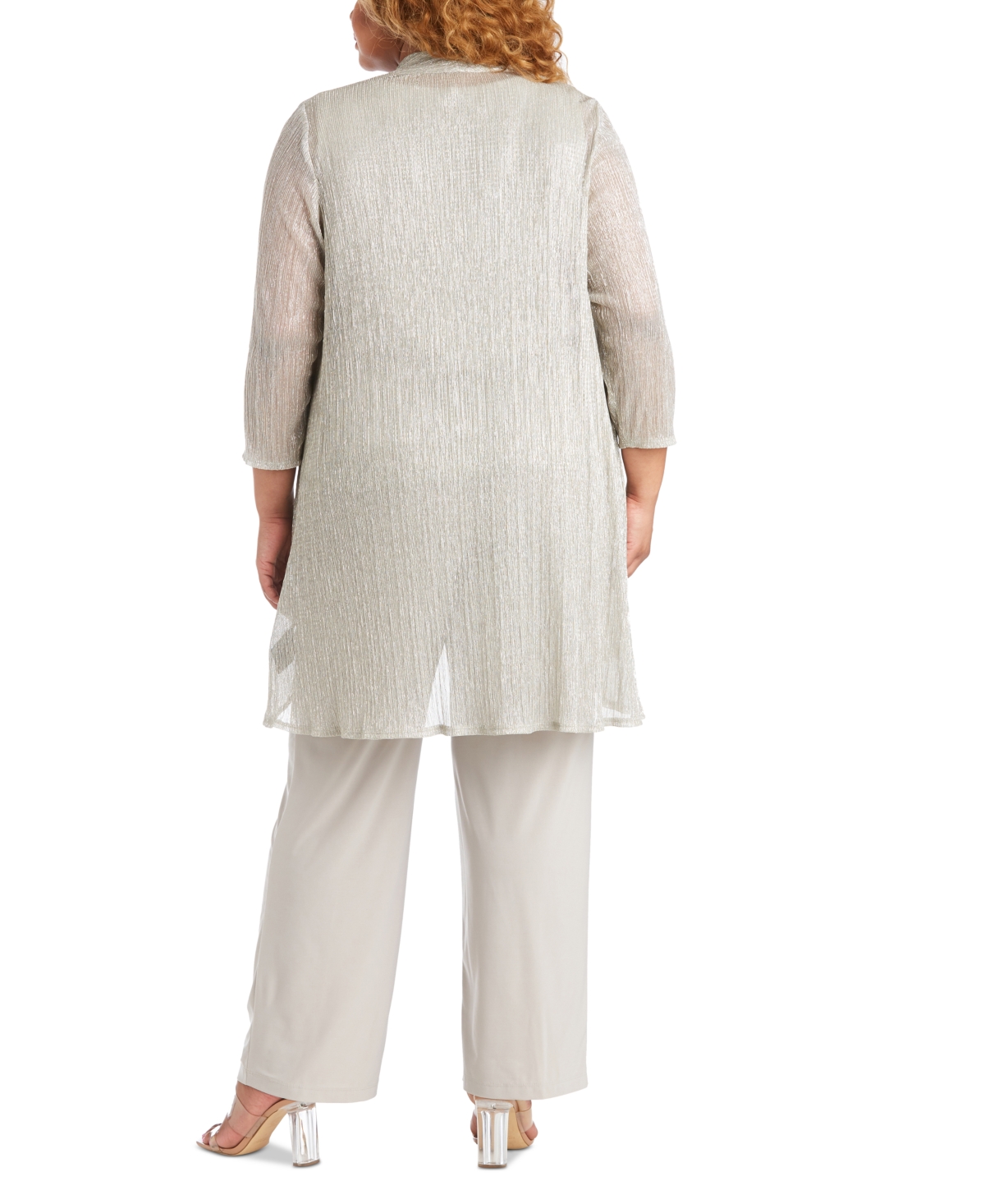 R & M Richards Plus 3-Pc. Metallic Jacket, Necklace Top Pants Set