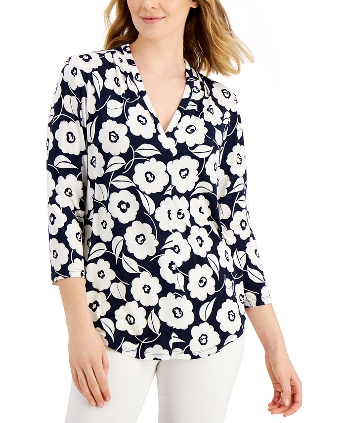 Charter Club Women's Floral Pintucked Top Black Size Petite Small