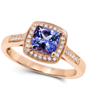 image of Tanzanite (1 ct. t.w.) & Diamond (1/8 ct. t.w.) Cushion Halo Ring in 14k Rose Gold