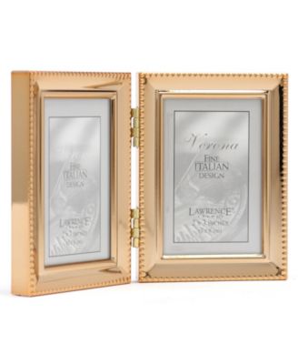Polished Metal Hinged Double Picture Frame - Bead Border Design, 2.5" x 3.5"