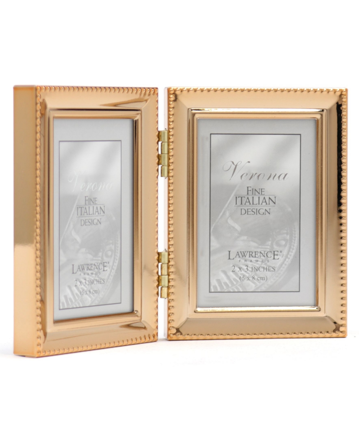 Polished Metal Hinged Double Picture Frame - Bead Border Design, 2.5