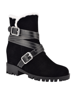 image of Nine West Women-s Davyd Demi Wedge Buckle Detailing Faux Fur Booties Women-s Shoes