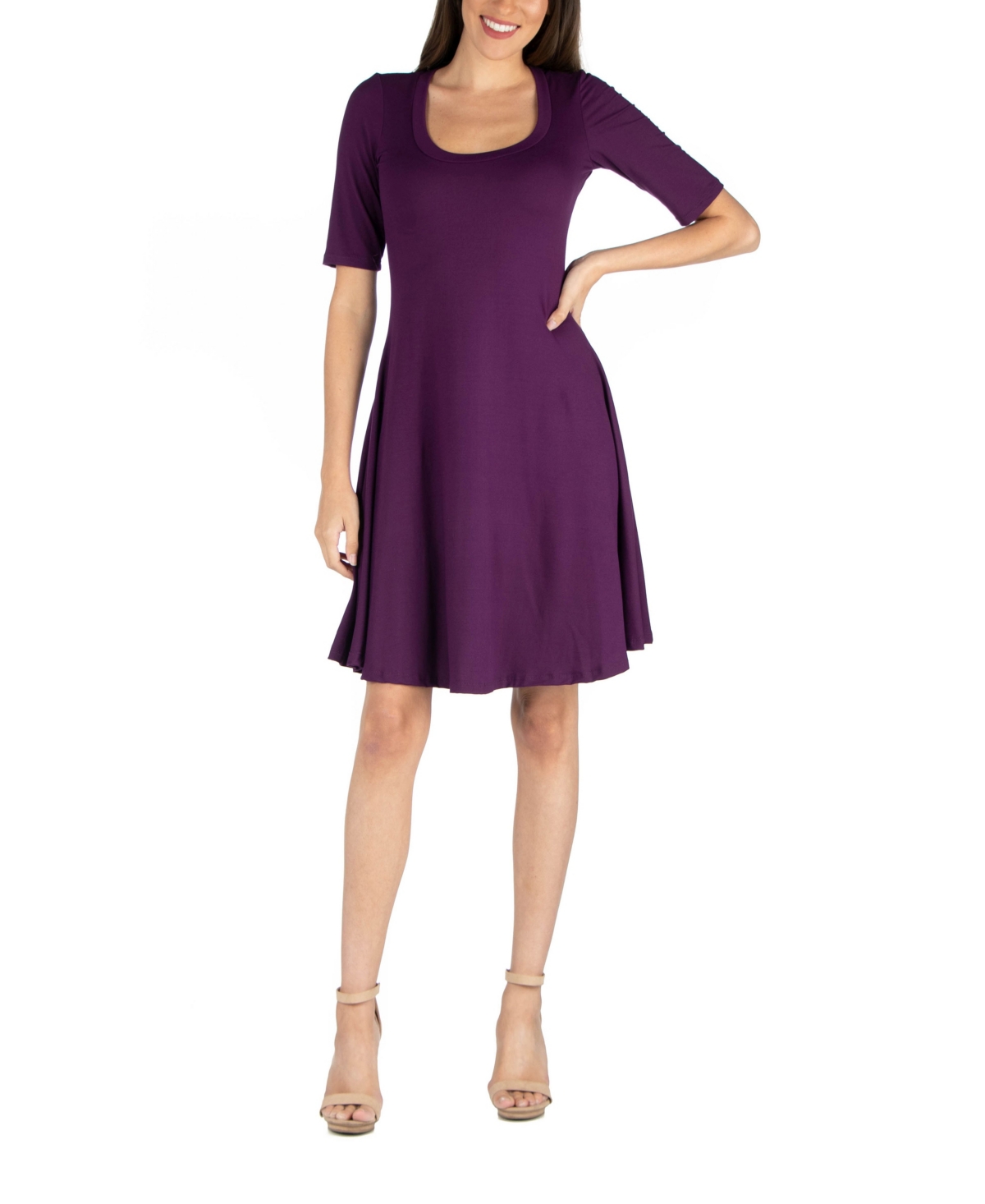 Women's A-Line Dress with Elbow Length Sleeves - Purple