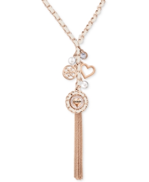 image of Guess Rose Gold-Tone Woven Charm Lariat Necklace, 30