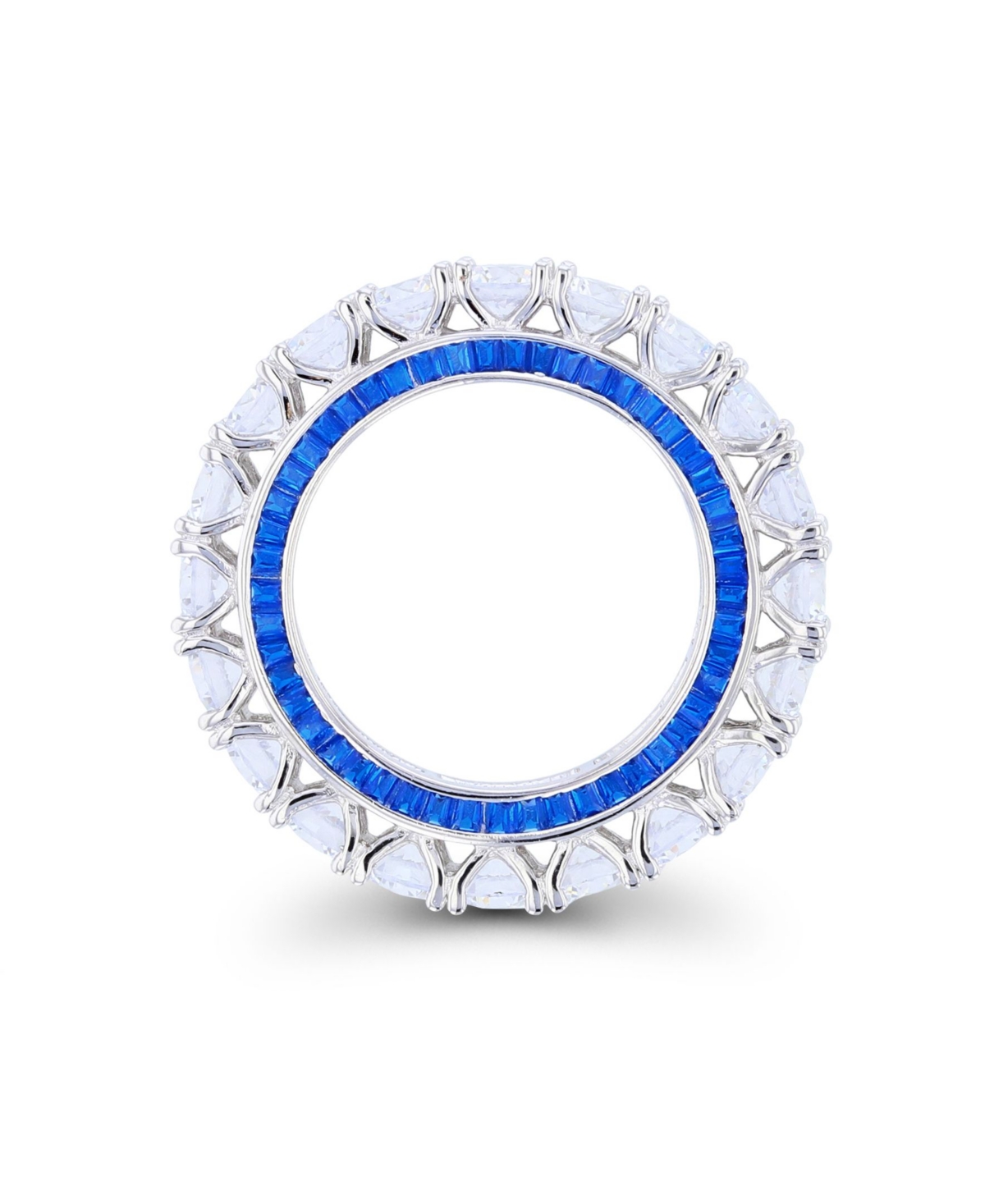 Cubic Zirconia and Blue Spinel Round and Baguette Eternity Ring - Rhodium Plated Sterling Silver with Crea
