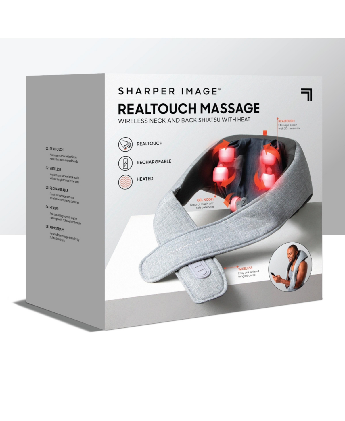 Sharper Image Realtouch Shiatsu Massager, Warming Heat Soothes Sore Muscles, Nodes Feel Like Real Hands, Wireless & Rechargeable