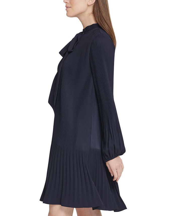 dkny long sleeve tie neck pleated shift dress