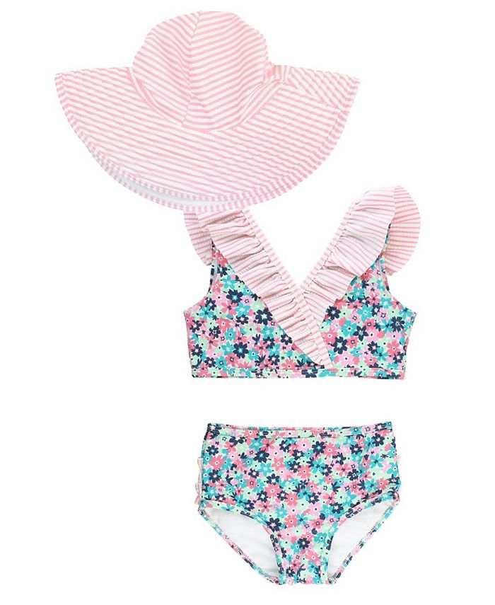 RuffleButts Baby Girls Ruffled Bikini Swimsuit with Hat, 3Piece Set