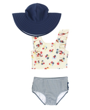 image of RuffleButts Baby Girls Striped Tankini Swim Hat Set