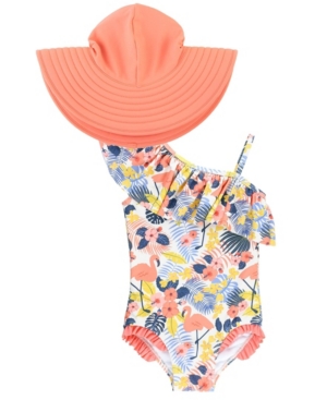 RuffleButts Baby Girls One Shoulder 1-Piece Swim Hat Set