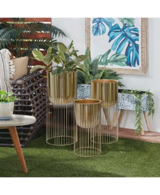 Large Eclectic Metal Planters with Stands, Set of 3