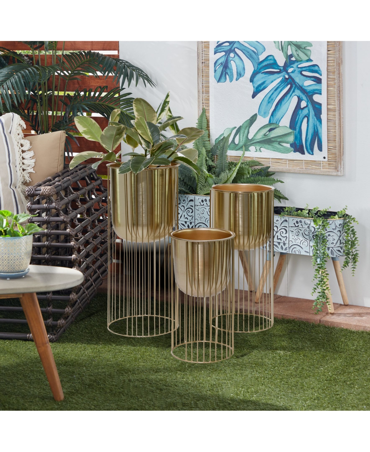 Rosemary Lane Large Eclectic Metal Planters With Stands, Set Of 3 In Gold-tone
