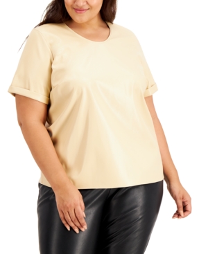 Alfani Plus Size Faux-leather Top, Created For Macy's In Cream Beige