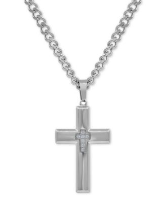 Macy's - Men's Cubic Zirconia Cross 24" Pendant Necklace in Stainless Steel