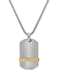 Men's Cubic Zirconia Dog Tag 24" Pendant Necklace in Stainless Steel & Yellow Ion-Plate