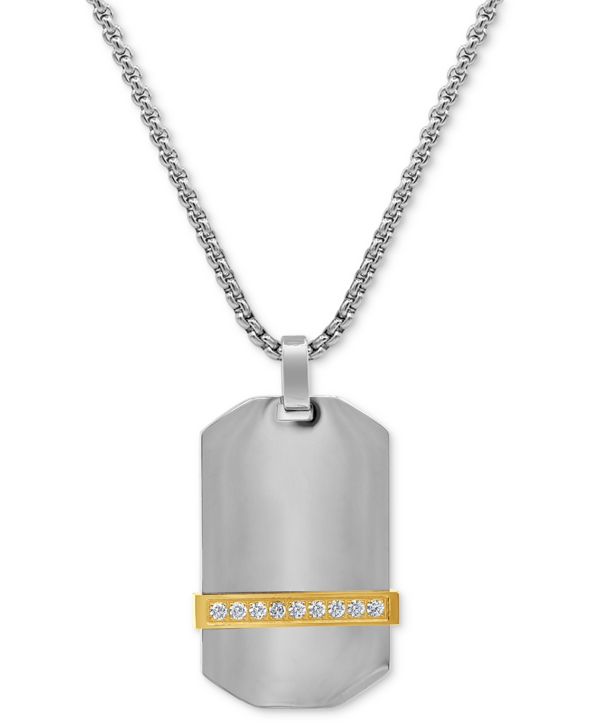 Men's Cubic Zirconia Dog Tag 24" Pendant Necklace in Stainless Steel & Yellow Ion-Plate - Two-Tone