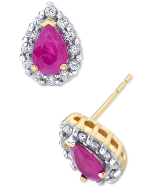 Macy's Ruby (1 Ct. T.w.) & Diamond (1/4 Ct. T.w.) Teardrop Stud Earrings In 14k Gold In Red