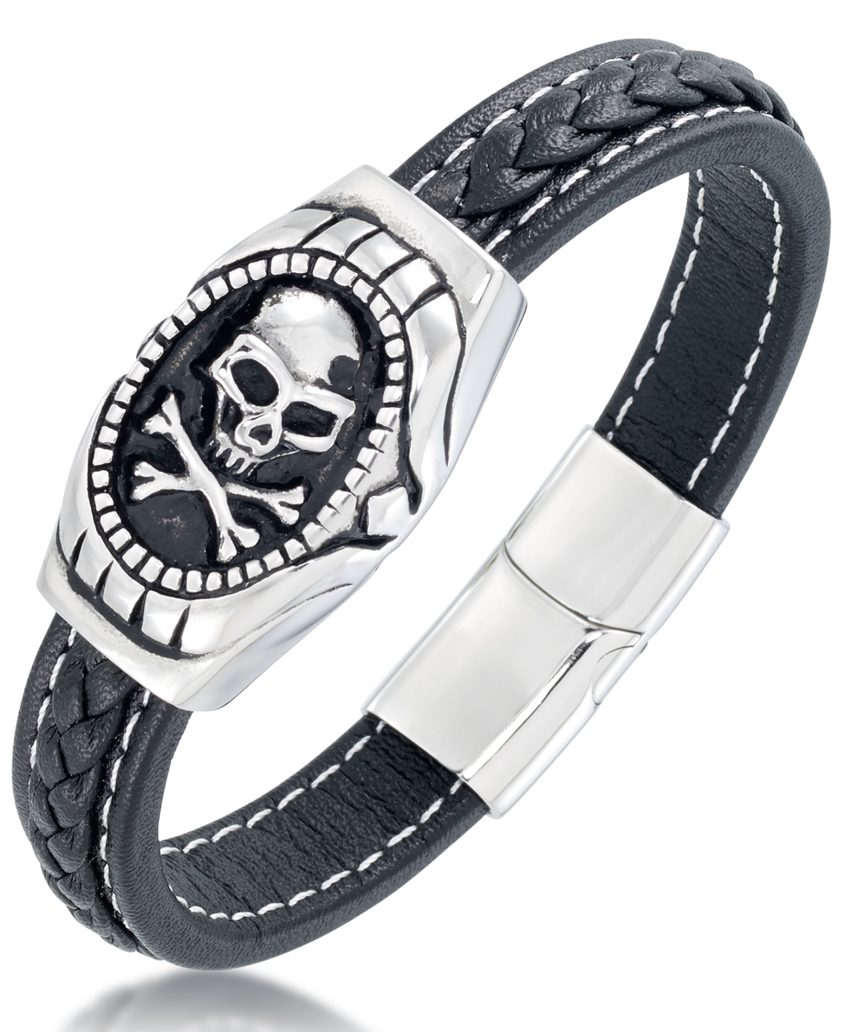 Men's Black Leather Skull Bracelet in Stainless Steel - Stainless Steel